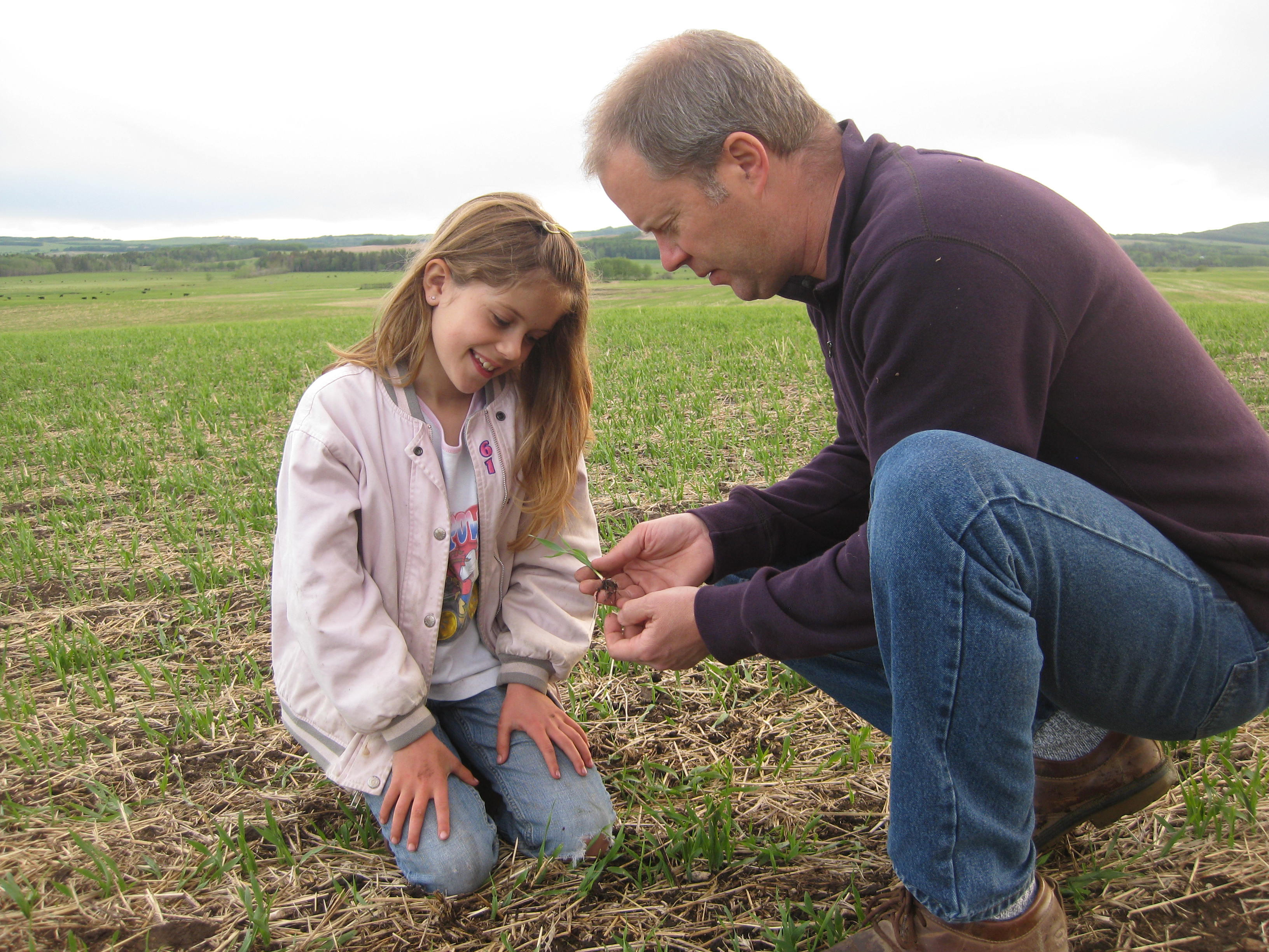 A father and daughter look at a sprouting plant in a crop field